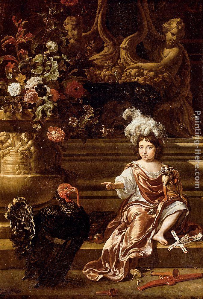 Jan Weenix A Boy Seated On A Terrace With His Pet Monkey And a Turkey, A Still Life Of Flowers In A Sculpted Urn At Left